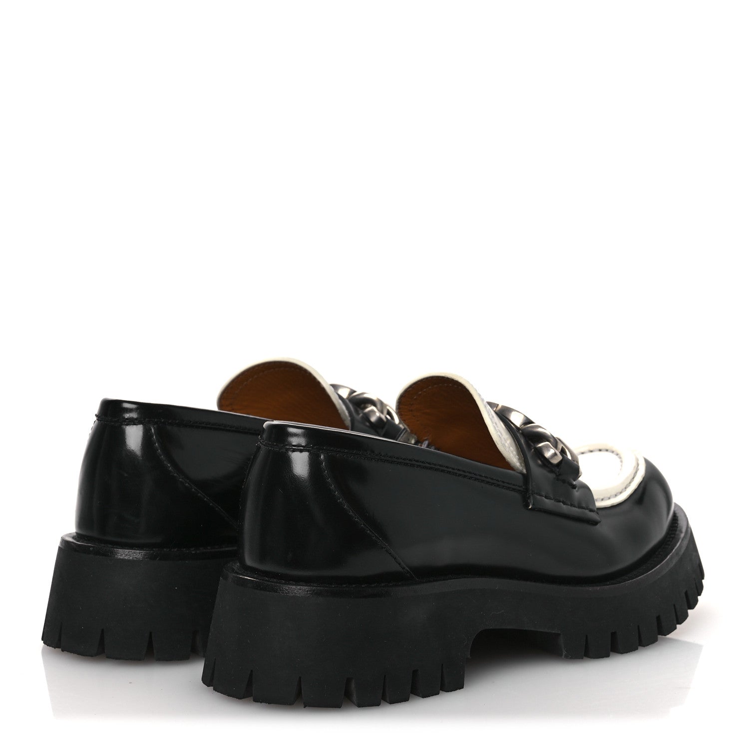 CORDOVAN LUX WOMENS INTERLOCKING G PLATFORM LUG SOLE LOAFERS BLACK OFF WHITE