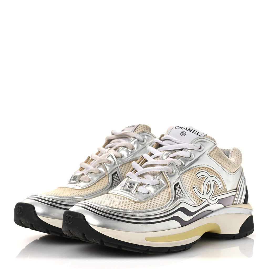 FABRIC LAMINATED CALFSKIN STRETCH CC WOMENS SNEAKERS WHITE GOLD SILVER
