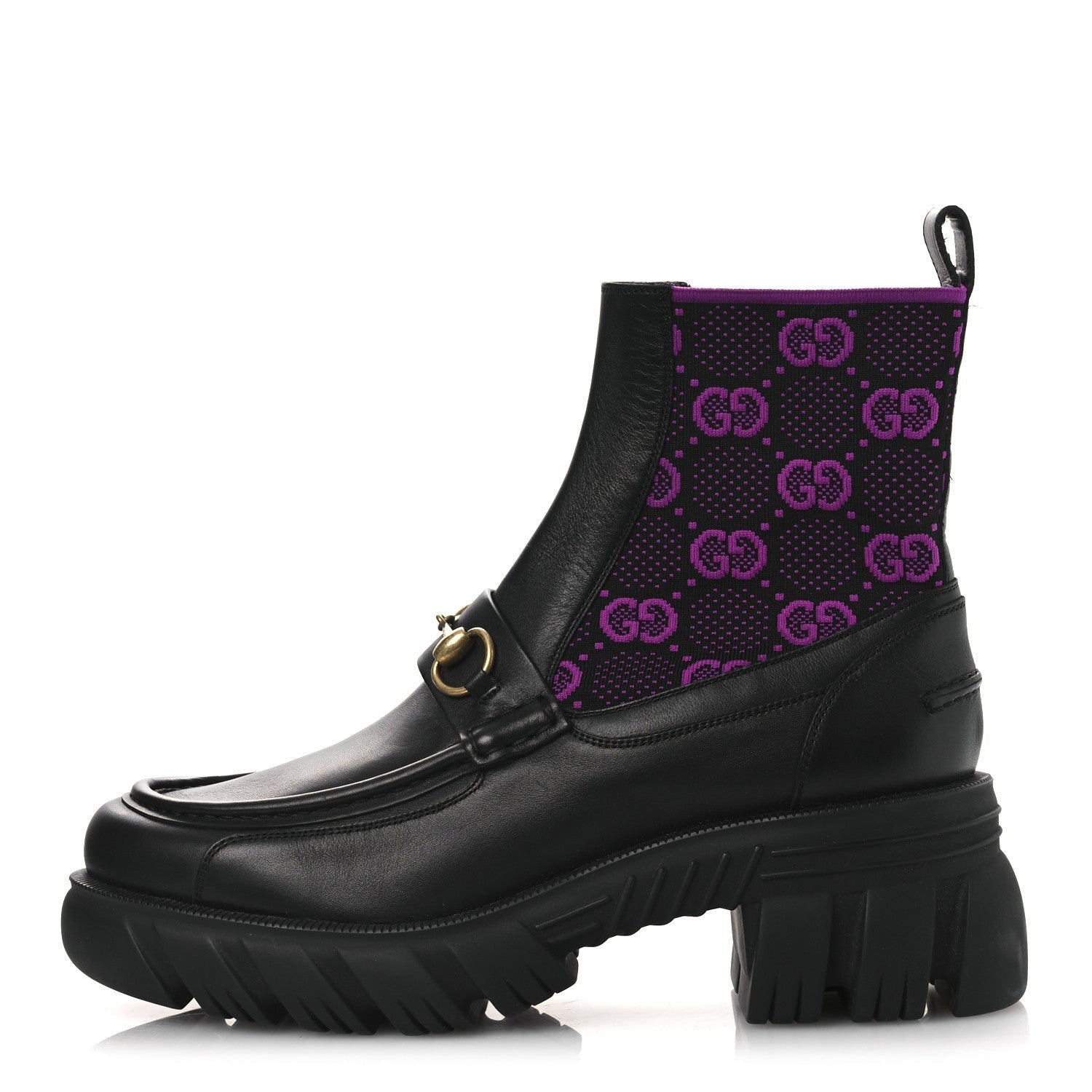 QUEBEC CALFSKIN TECHNICAL JERSEY KNIT GG MONOGRAM HORSEBIT ANKLE BOOTS BLACK FUCSIA