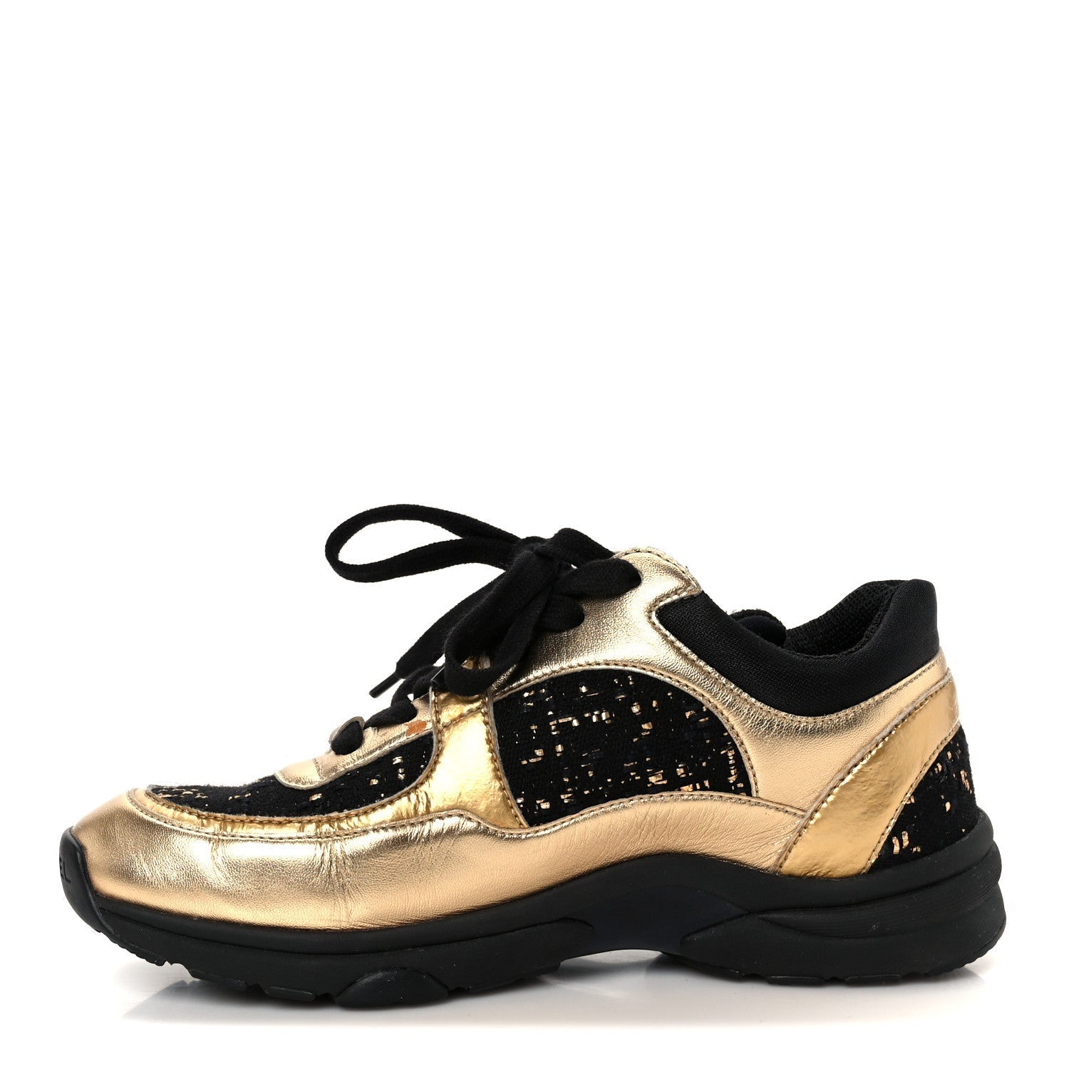 SATIN LAMBSKIN FABRIC TWEED CC SNEAKERS GOLD BLACK