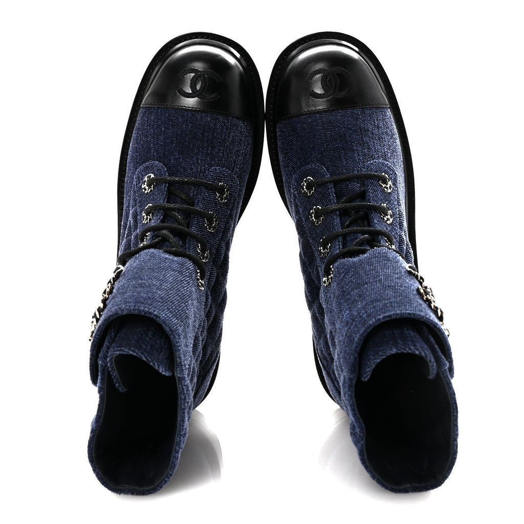 SHINY CALFSKIN VELVET QUILTED LACE UP COMBAT BOOTS BLUE BLACK