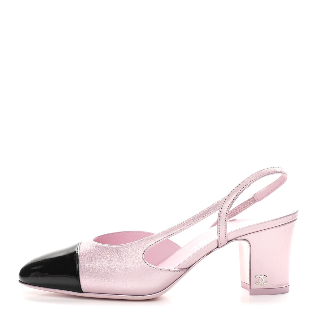 LAMINATED LAMBSKIN PATENT CAP TOE CC SLINGBACK PUMPS LIGHT PINK BLACK