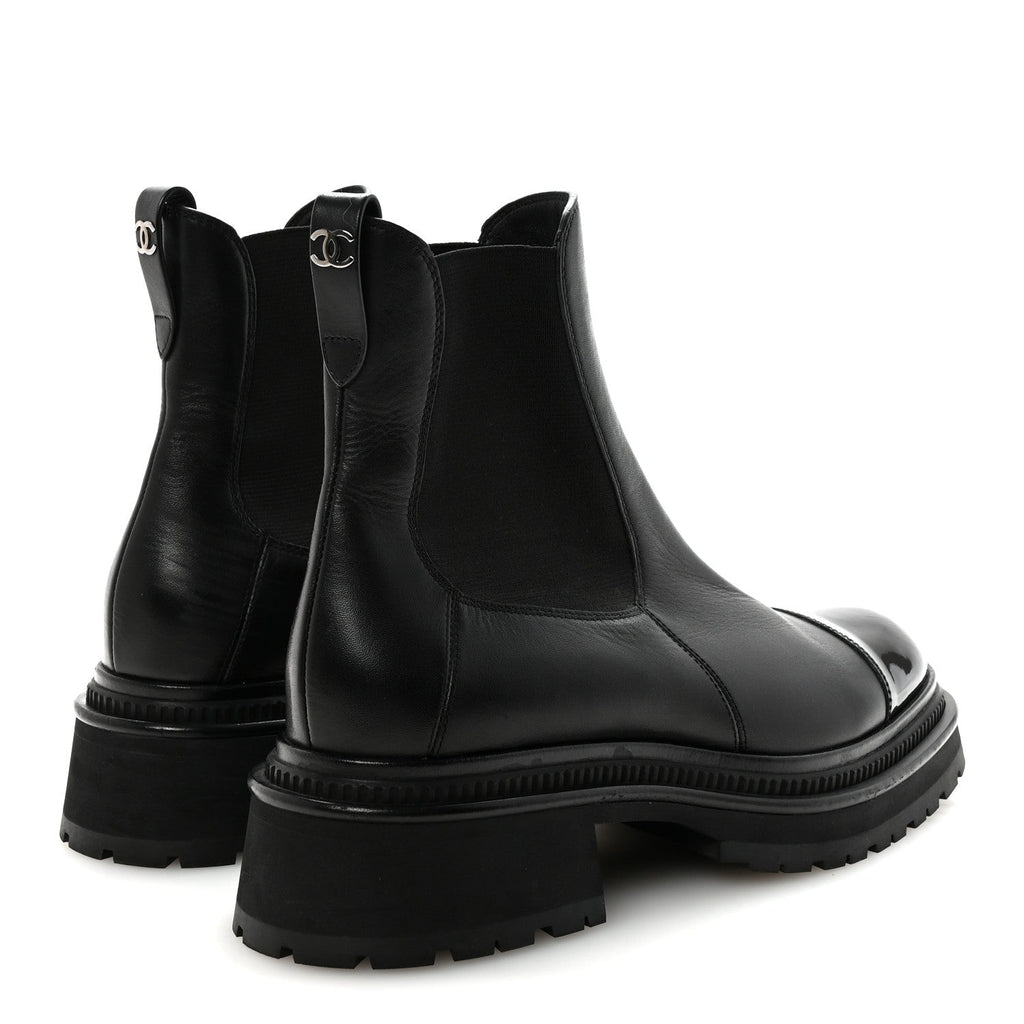 CALFSKIN PATENT CAP TOE ANKLE BOOTS BLACK