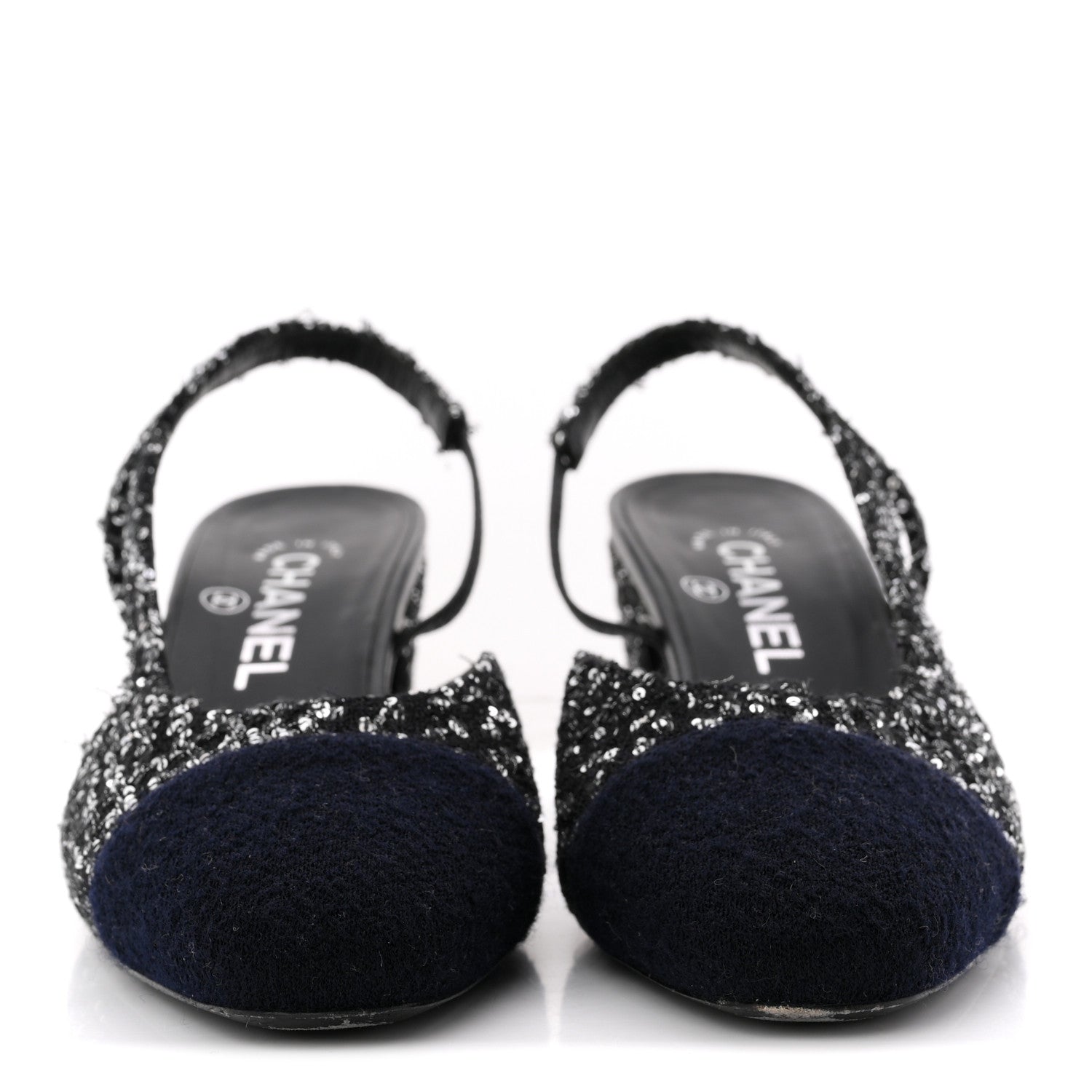TWEED SEQUIN CAP TOE CC SLINGBACK PUMPS BLACK WHITE SILVER