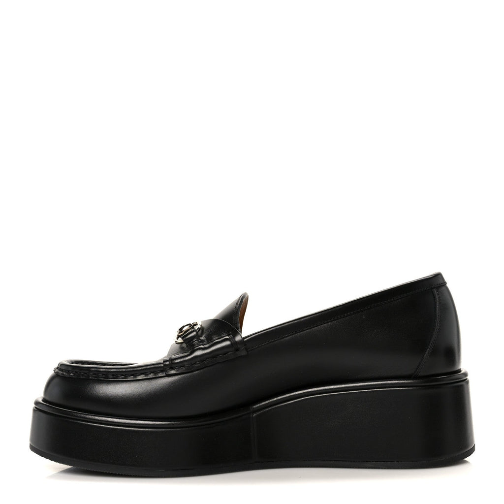 KAMA CALFSKIN HORSEBIT WOMENS WEDGE PLATFORM LOAFERS BLACK