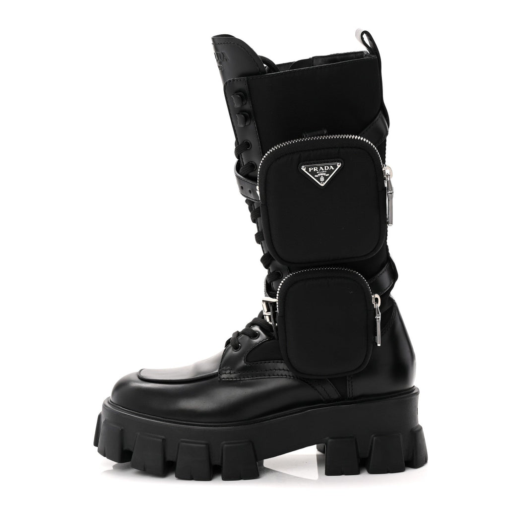 SPAZZOLATO ROIS RE-NYLON METAL TRIANGLE LOGO MONOLITH POUCH POCKET 55MM TALL COMBAT BOOTS BLACK