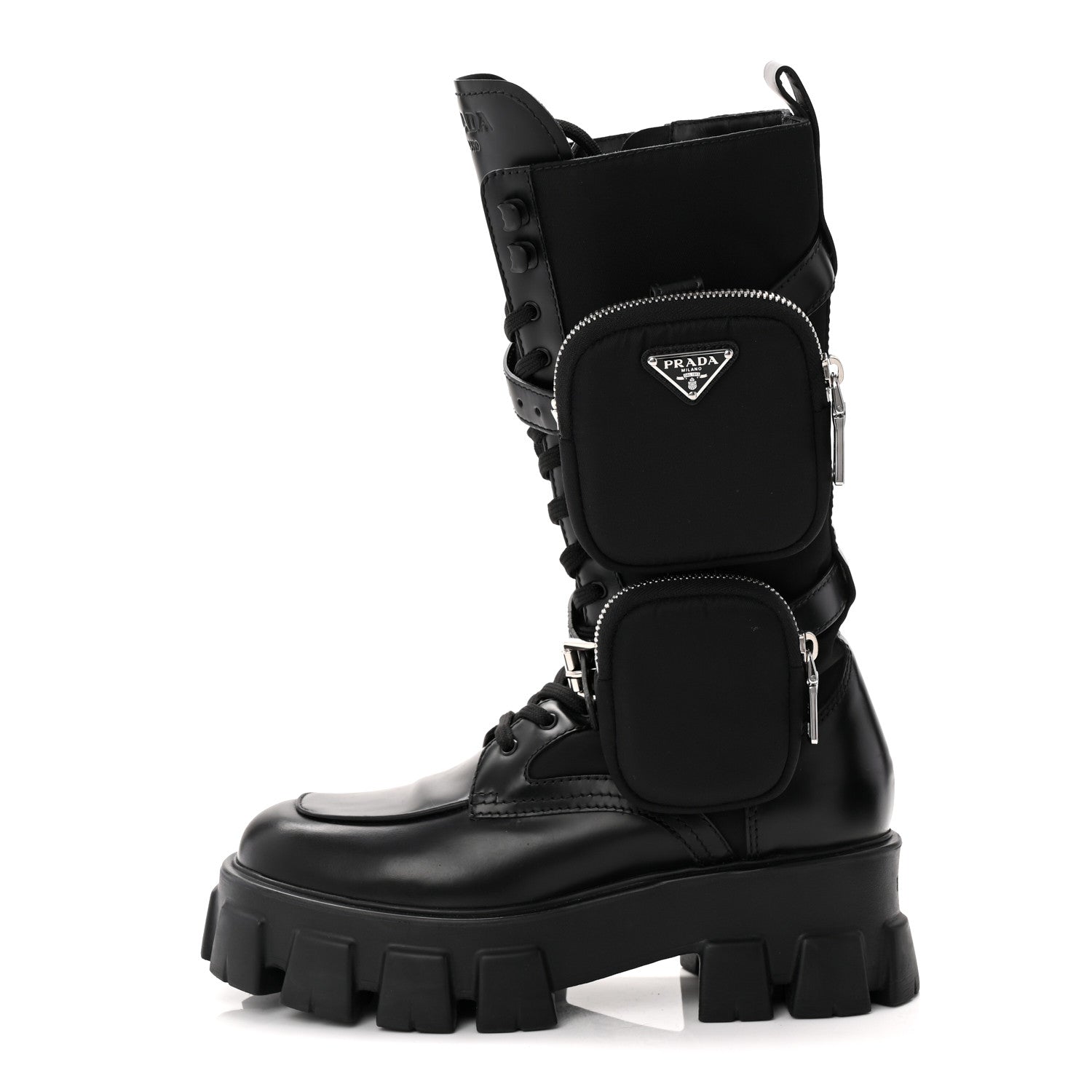 SPAZZOLATO ROIS RE-NYLON METAL TRIANGLE LOGO MONOLITH POUCH POCKET 55MM TALL COMBAT BOOTS BLACK