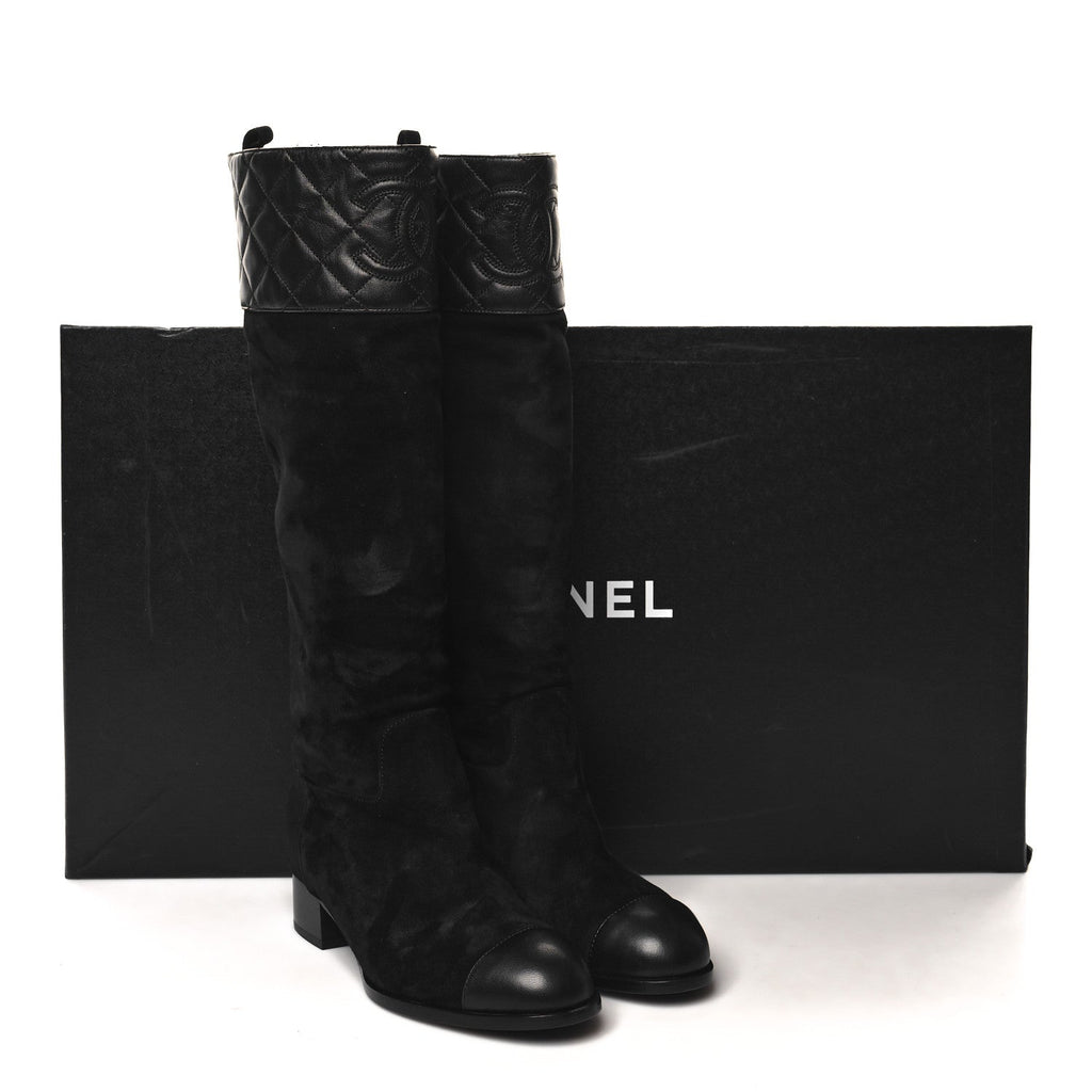 SUEDE CALFSKIN LAMBSKIN QUILTED KNEE HIGH BOOTS BLACK