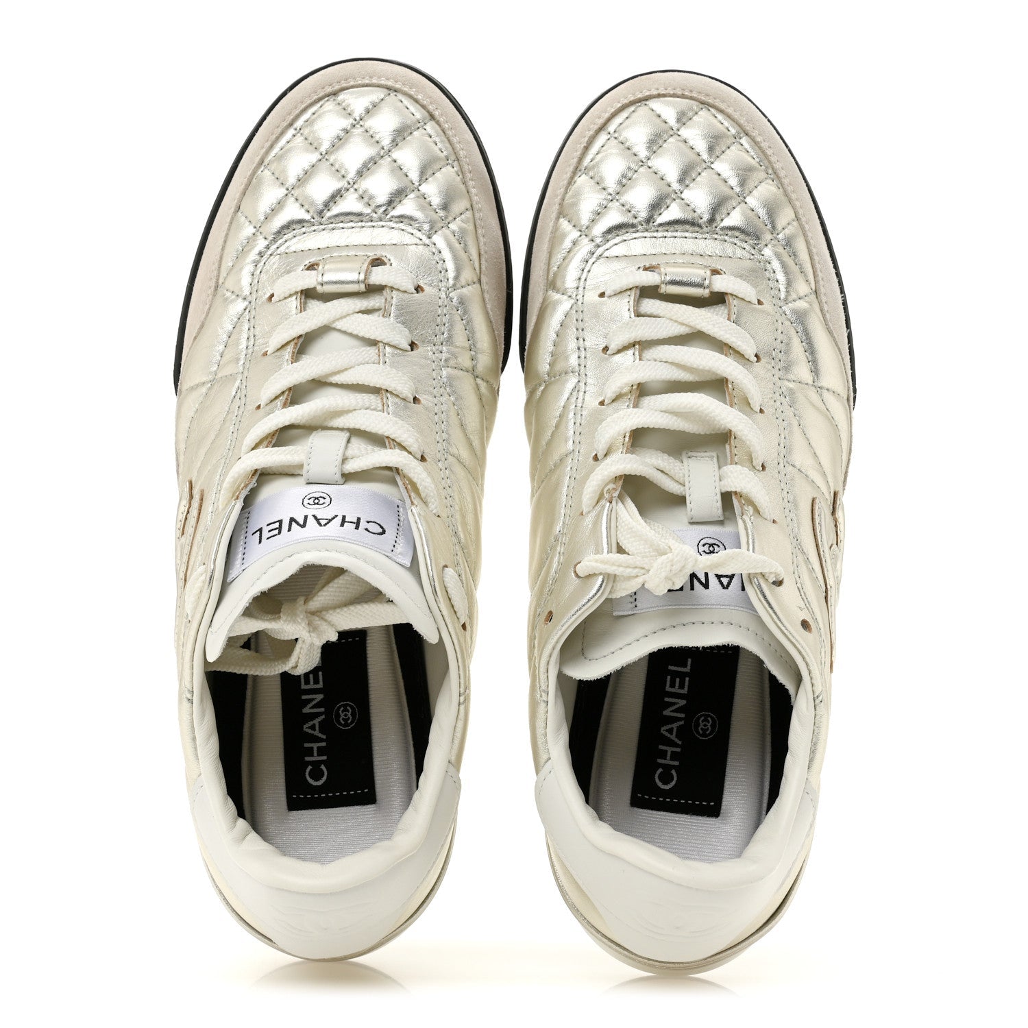 LAMINATED CALFSKIN SUEDE QUILTED WOMENS CC SNEAKERS SILVER WHITE GRAY