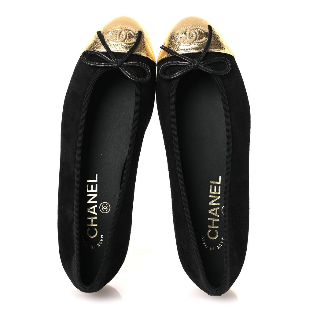 SUEDE CRACKLED LAMINATED CALFSKIN CAP TOE BALLERINA FLATS BLACK GOLD