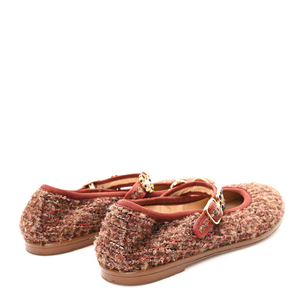 WOOL TWEED MARY JANE FLATS BROWN RED DARK BLUE