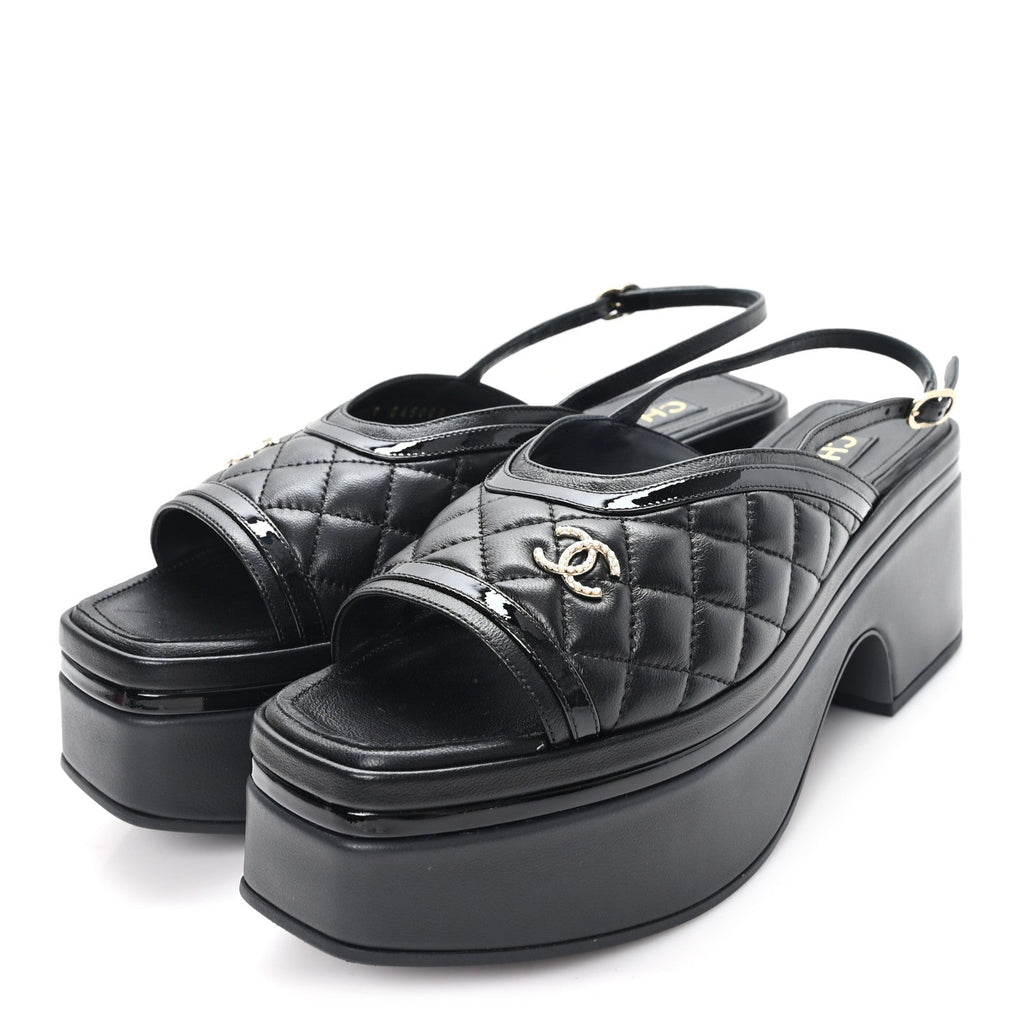 LAMBSKIN PATENT QUILTED CC PLATFORM SANDALS BLACK