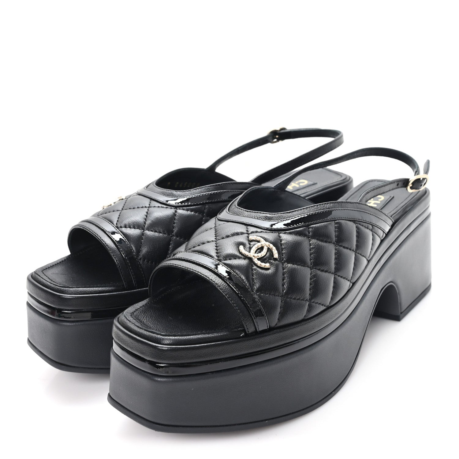 LAMBSKIN PATENT QUILTED CC PLATFORM SANDALS BLACK