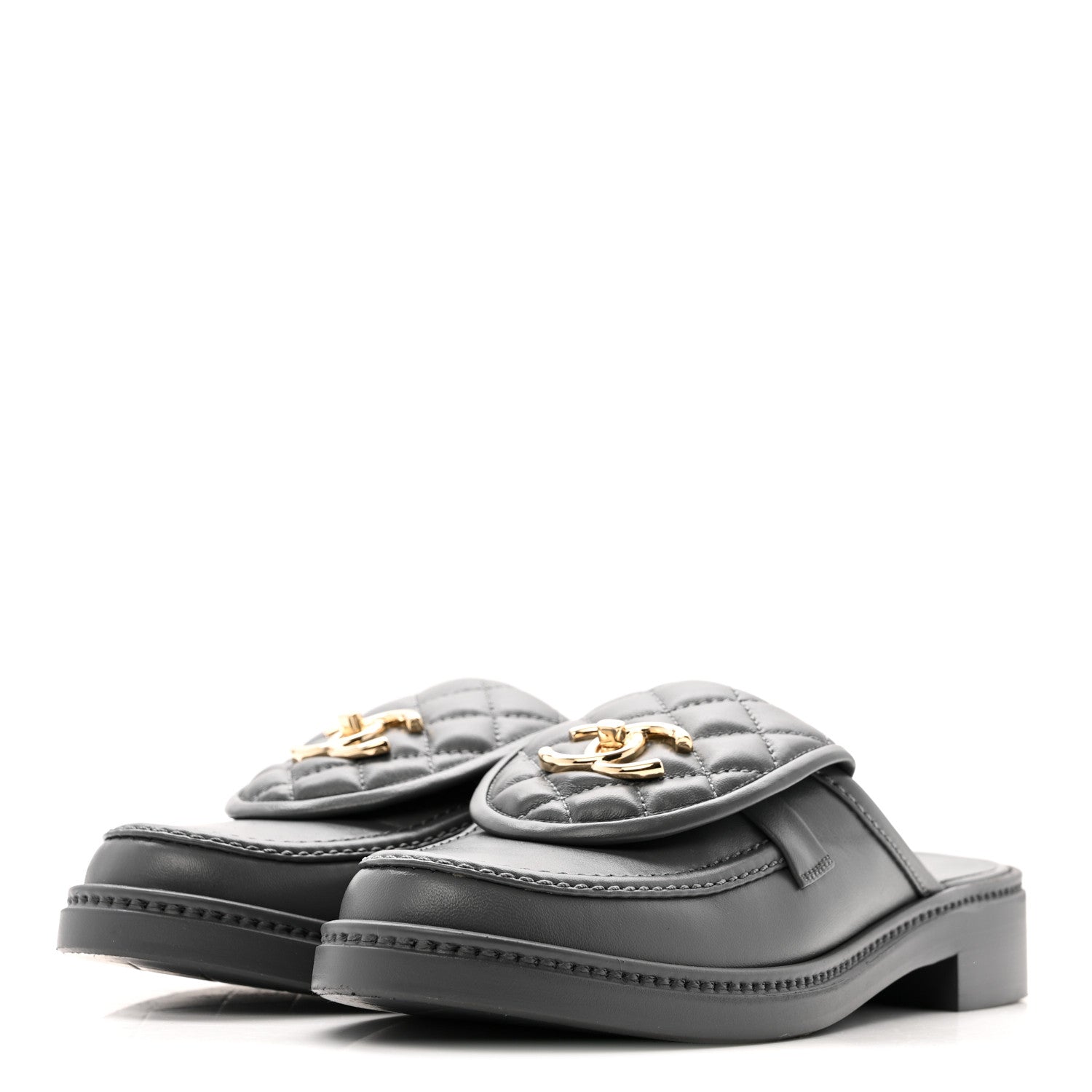 LAMBSKIN QUILTED CC TURNLOCK MULES GREY