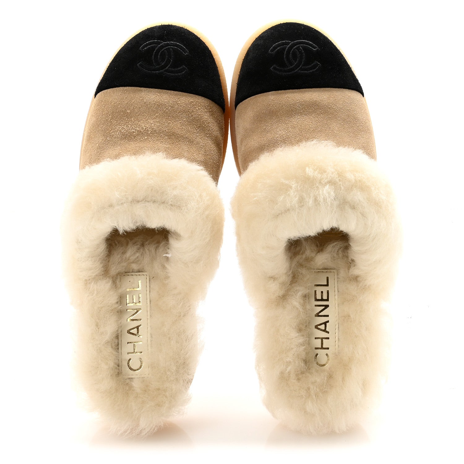 SUEDE SHEARLING CC CAP TOE MULES BEIGE BLACK