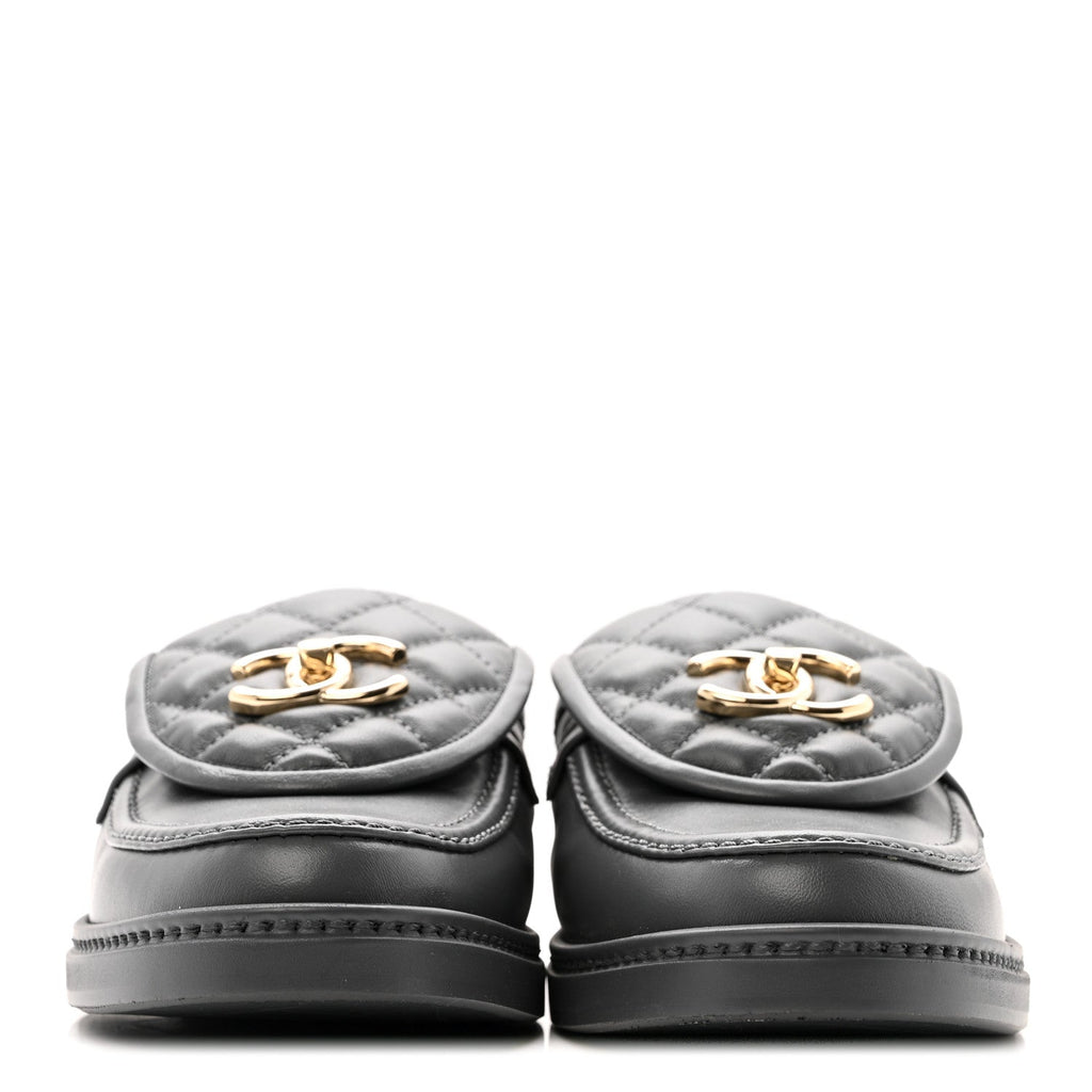 LAMBSKIN QUILTED CC TURNLOCK MULES GREY