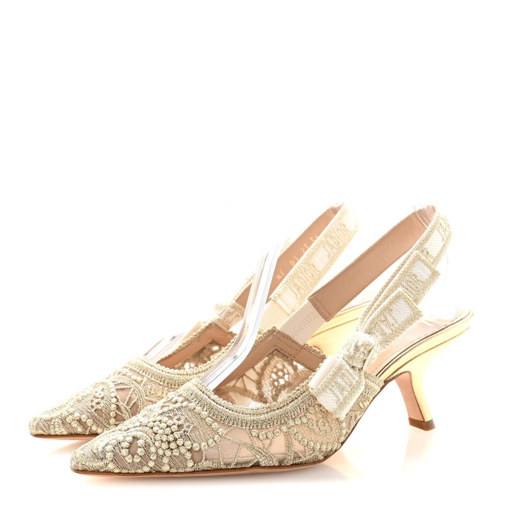 TRANSPARENT METALLIC EMBROIDERED MESH MACRAME CONSTANTINE EMBROIDERED J'ADIOR SLINGBACK 65MM PUMPS PALE GOLD