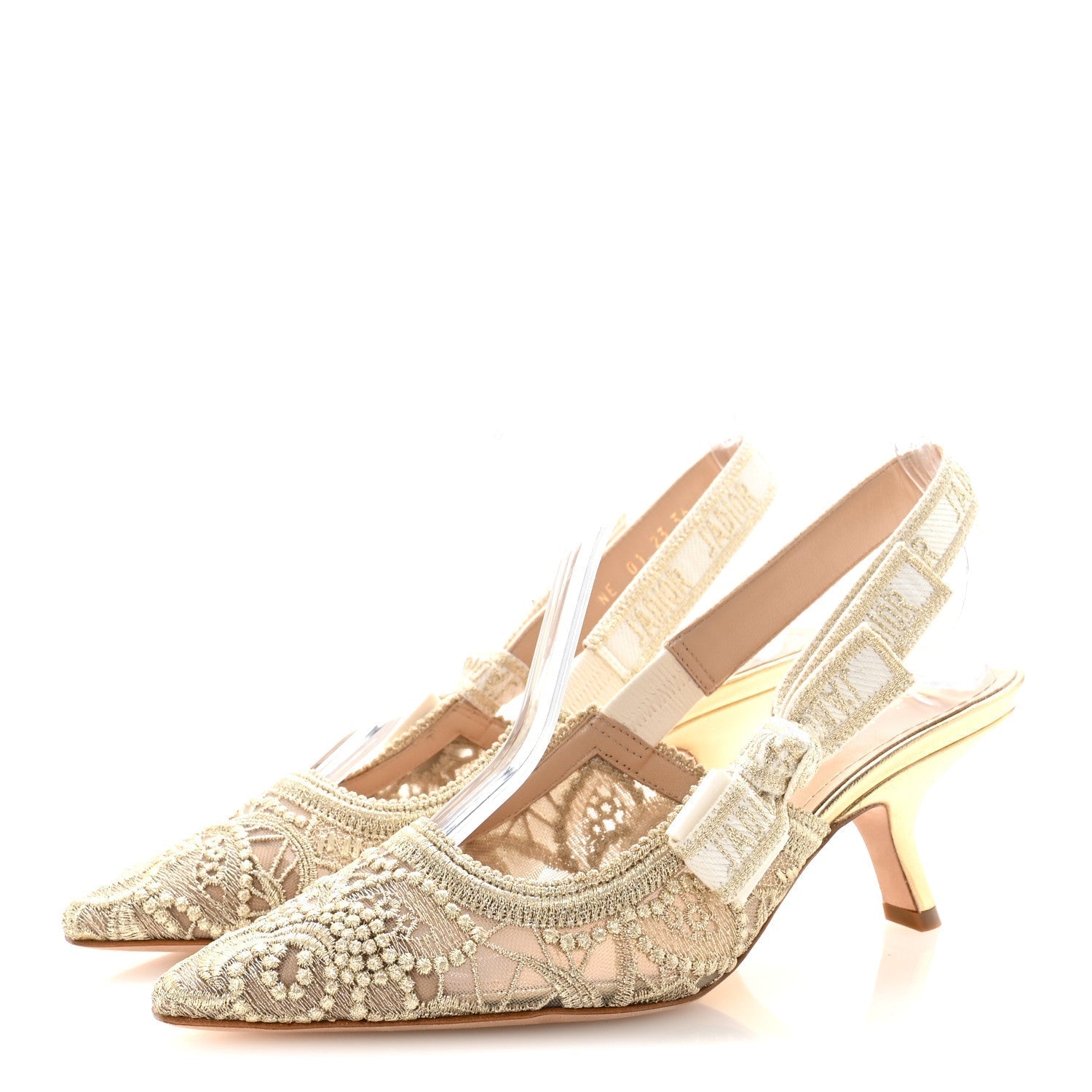 TRANSPARENT METALLIC EMBROIDERED MESH MACRAME CONSTANTINE EMBROIDERED J'ADIOR SLINGBACK 65MM PUMPS PALE GOLD