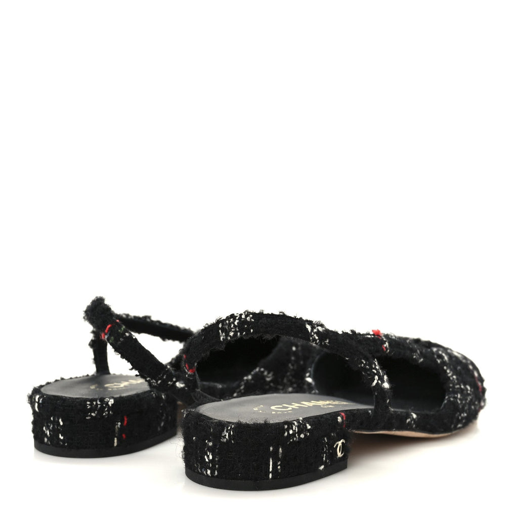 TWEED LAMBSKIN CAP TOE CC SLINGBACK FLATS BLACK WHITE MULTICOLOR
