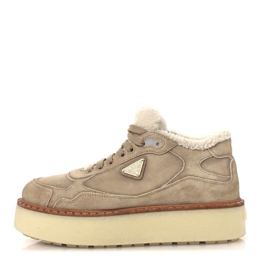 SUEDE SHEARLING MID TOP SNEAKERS ECRU