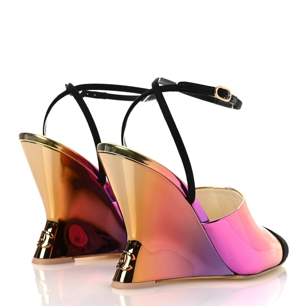 LAMINATED CALFSKIN GROSGRAIN CAP TOE CC WEDGE PUMPS PINK ORANGE YELLOW BLACK