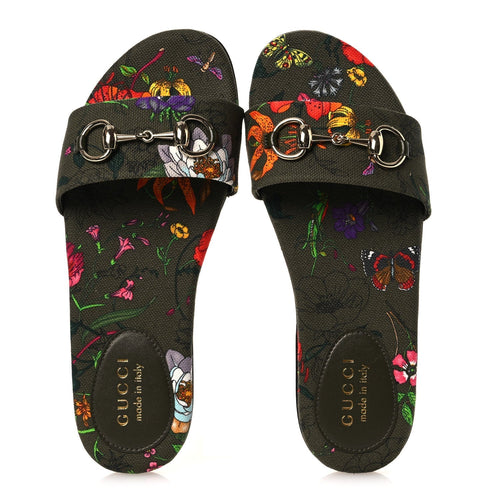 CANVAS FLORA FLORAL HORSEBIT SLIDE SANDALS GREEN