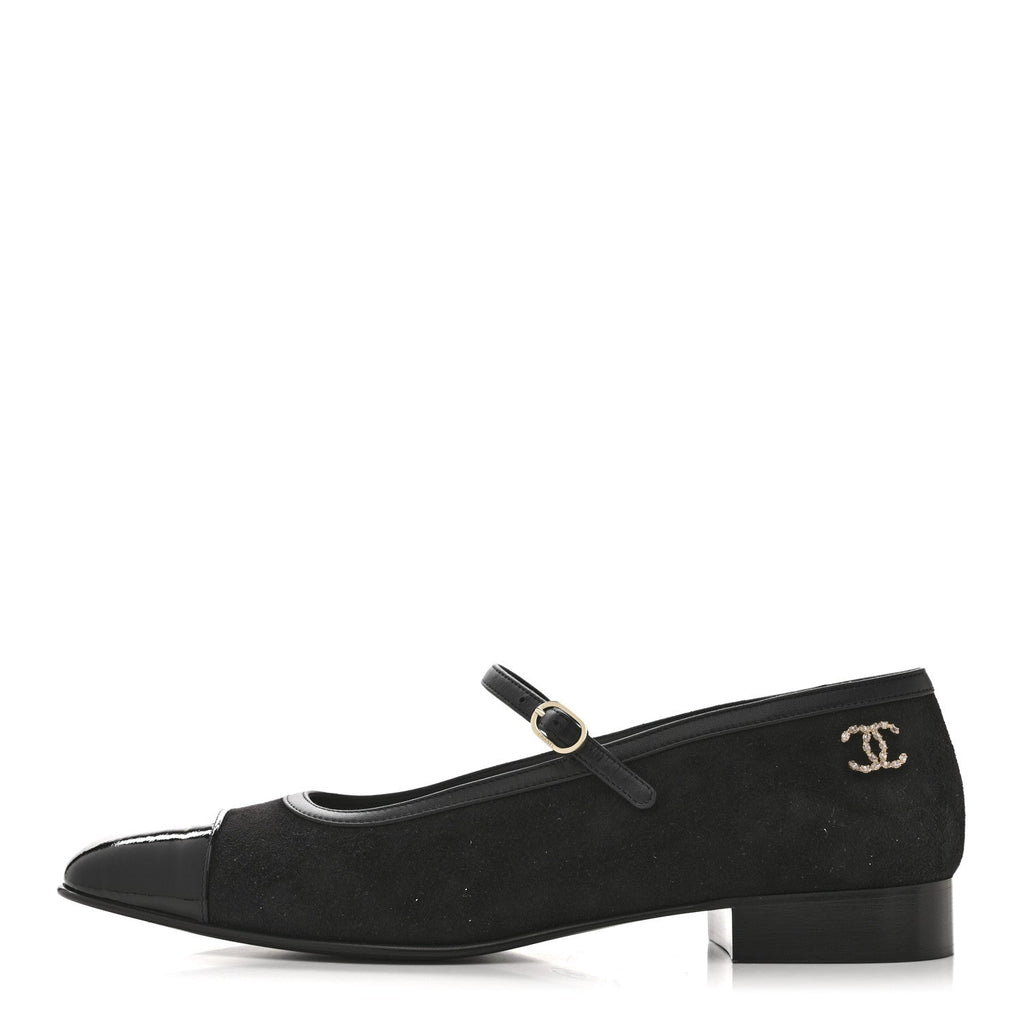 SUEDE KIDSKIN LAMBSKIN PATENT CALFSKIN CAP TOE CC MARY JANE FLATS BLACK