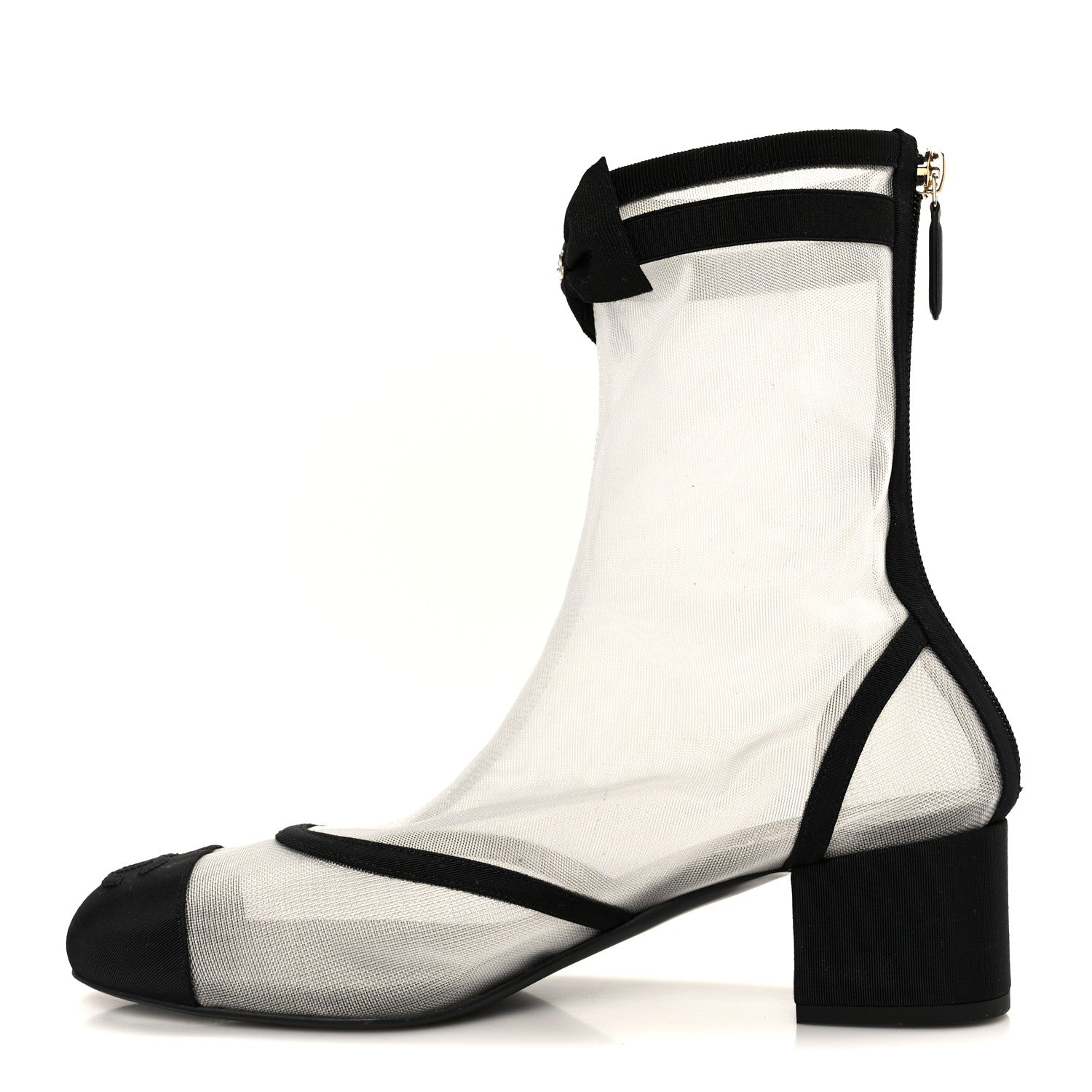 MESH GROSGRAIN CC CAP TOE ANKLE BOOTS WHITE BLACK