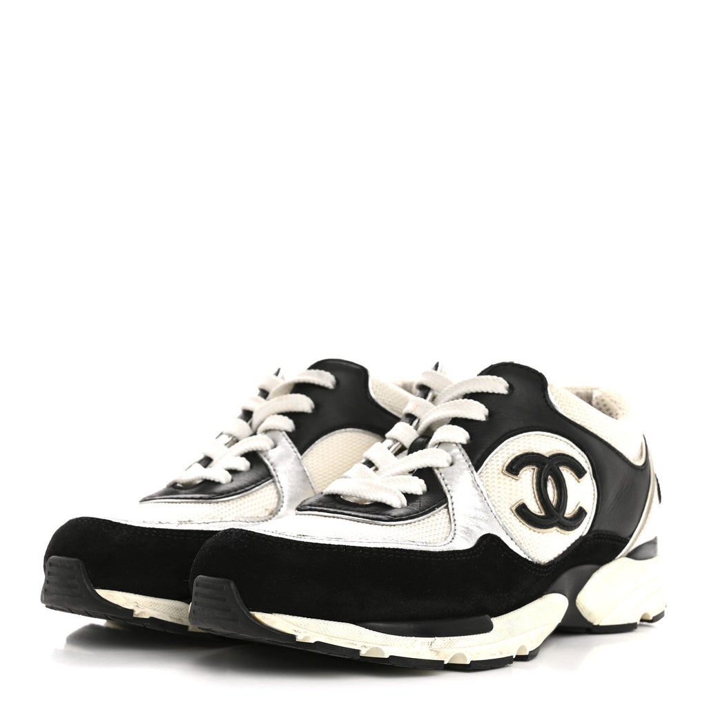 MESH SUEDE CALFSKIN GRAINED CALFSKIN WOMENS CC SNEAKERS BLACK WHITE SILVER