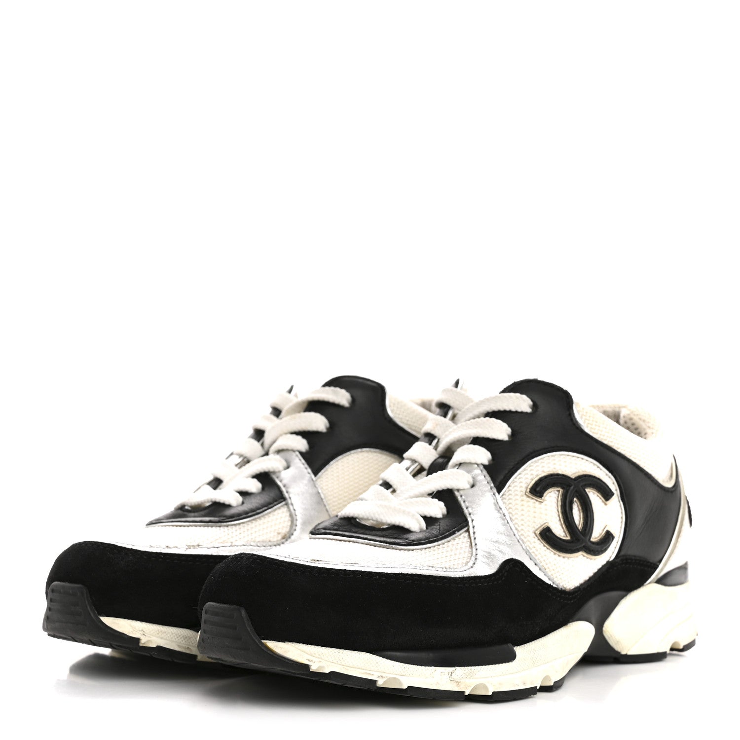 MESH SUEDE CALFSKIN GRAINED CALFSKIN WOMENS CC SNEAKERS BLACK WHITE SILVER