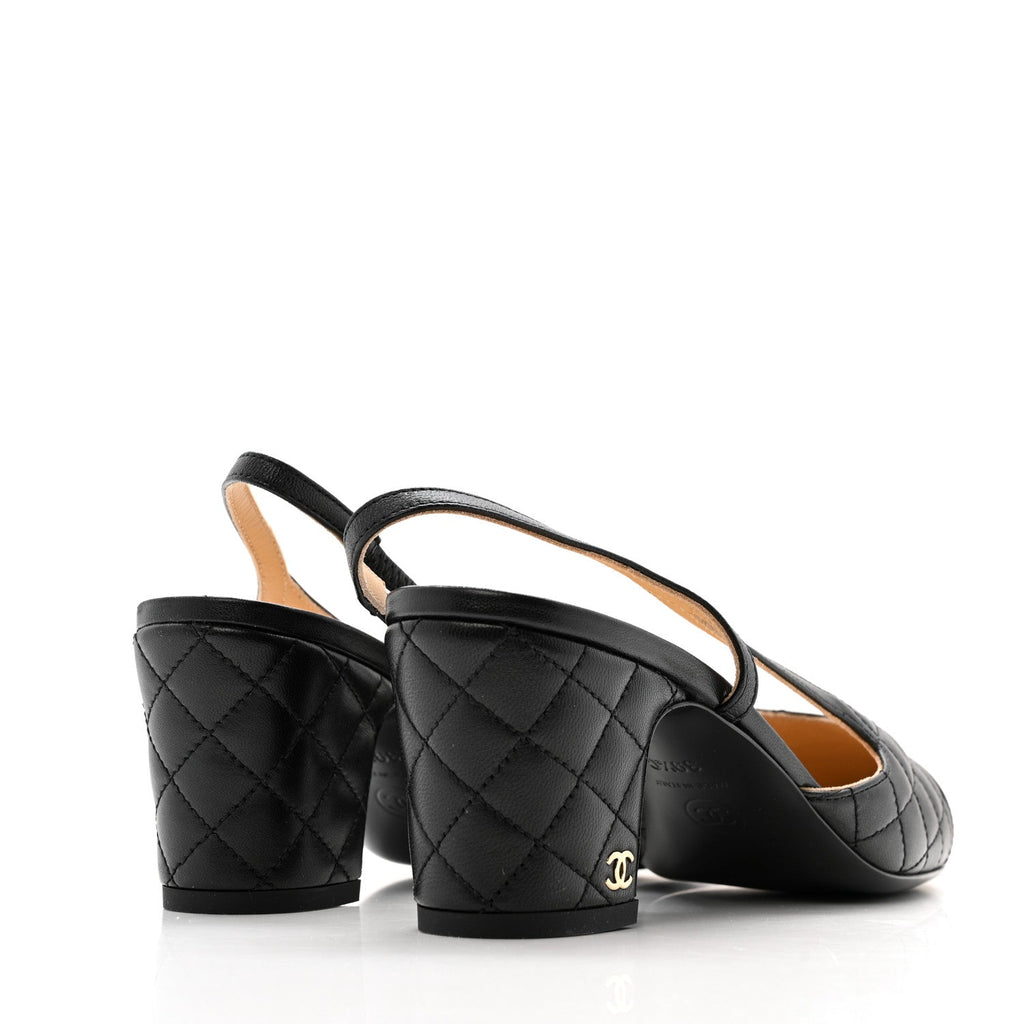 LAMBSKIN PATENT CALFSKIN QUILTED CAP TOE CC SLINGBACK PUMPS BLACK