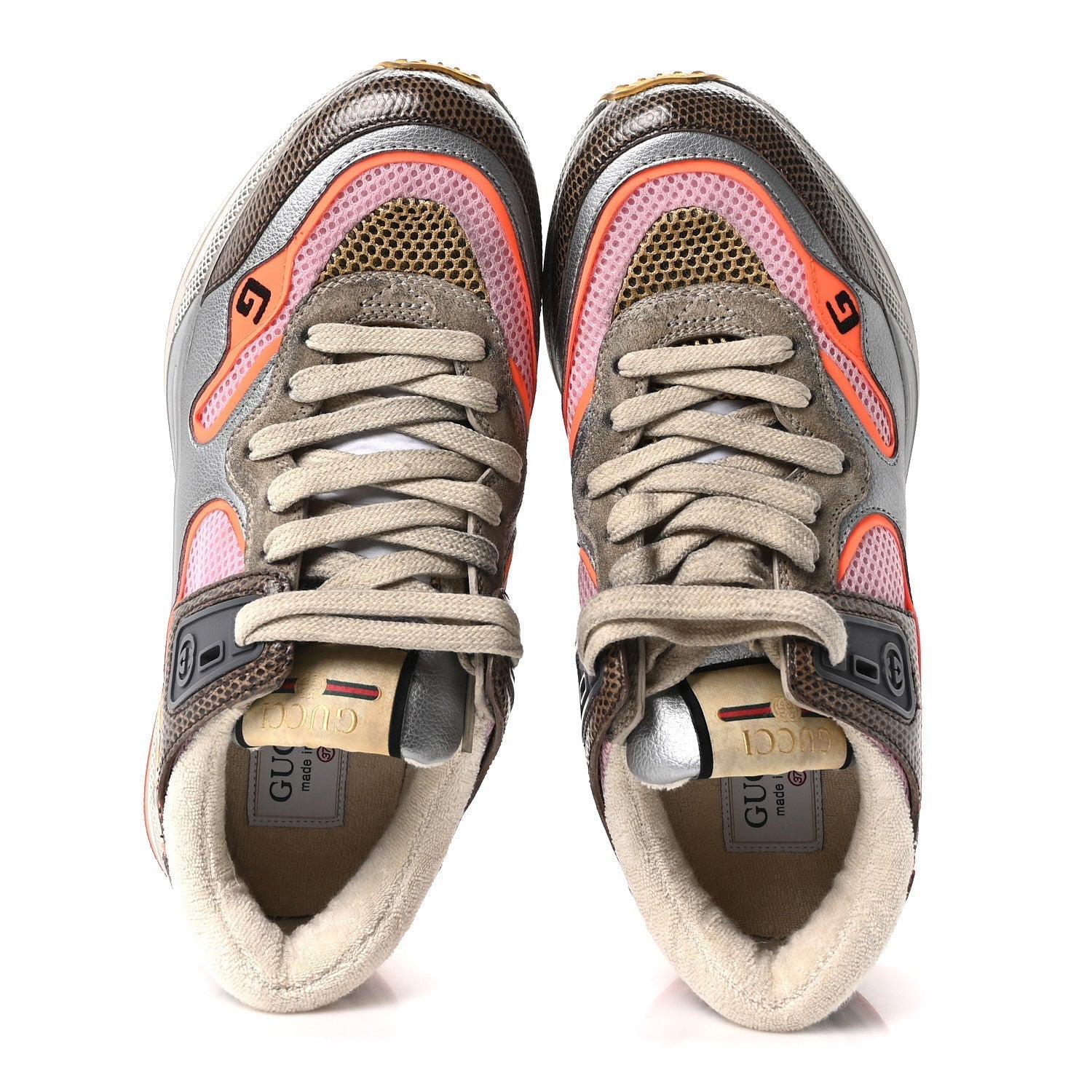 CALFSKIN SUEDE MESH LIZARD EMBOSSED WOMENS ULTRAPACE SNEAKERS SILVER ANTHRACITE NEON ORANGE