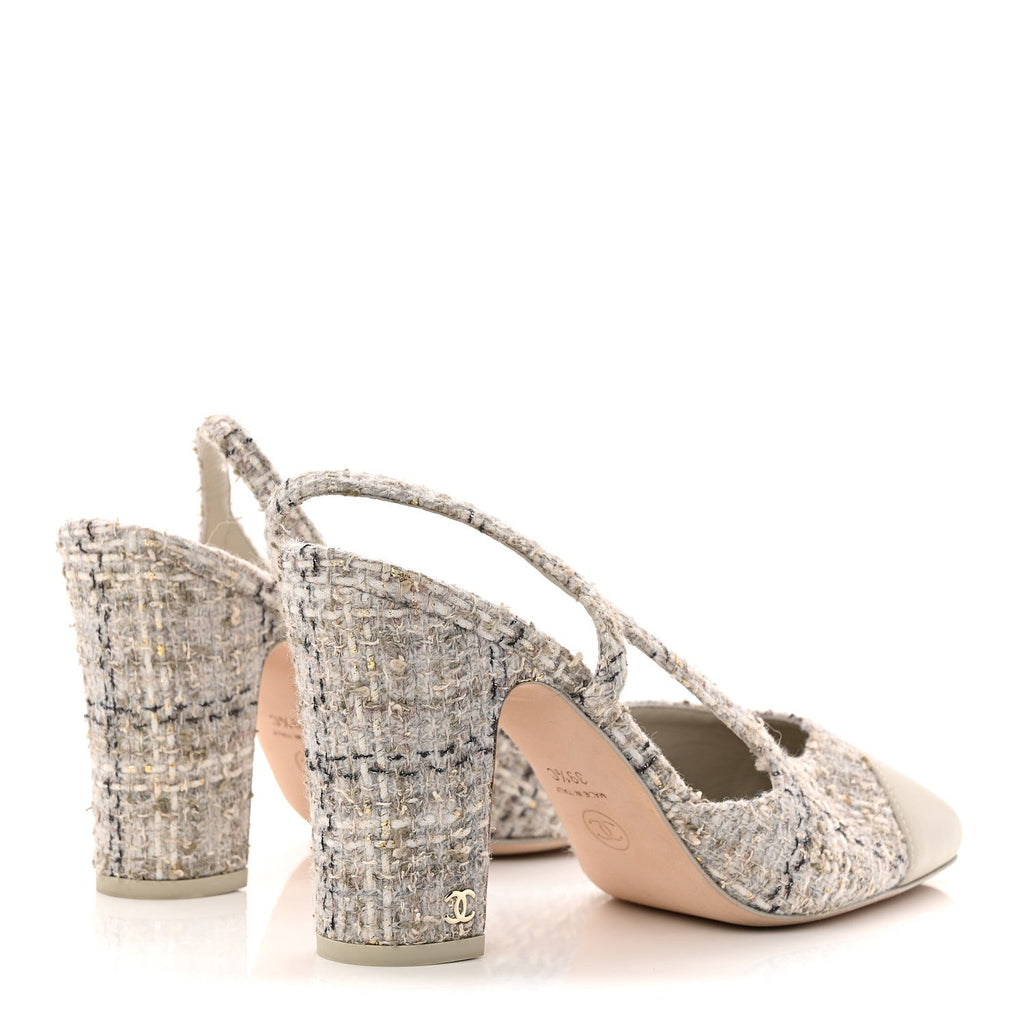 WOOL COTTON TWEED LAMBSKIN CAP TOE CC SLINGBACK PUMPS GREY BLACK GOLD