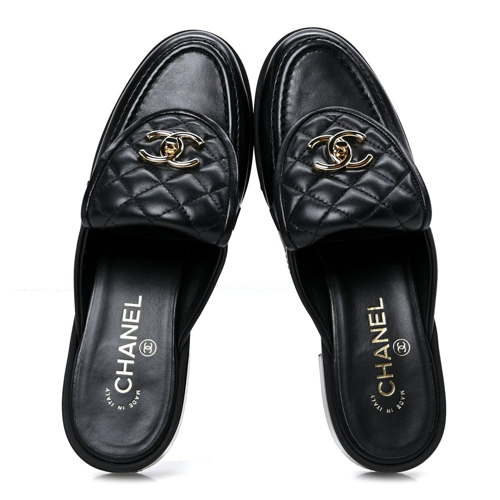 LAMBSKIN QUILTED CC TURNLOCK MULES BLACK