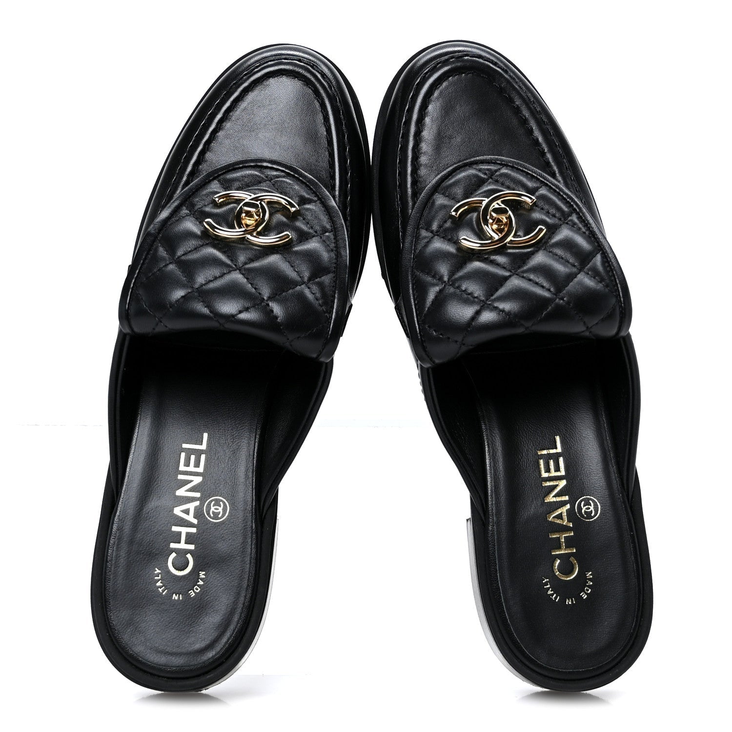 LAMBSKIN QUILTED CC TURNLOCK MULES BLACK