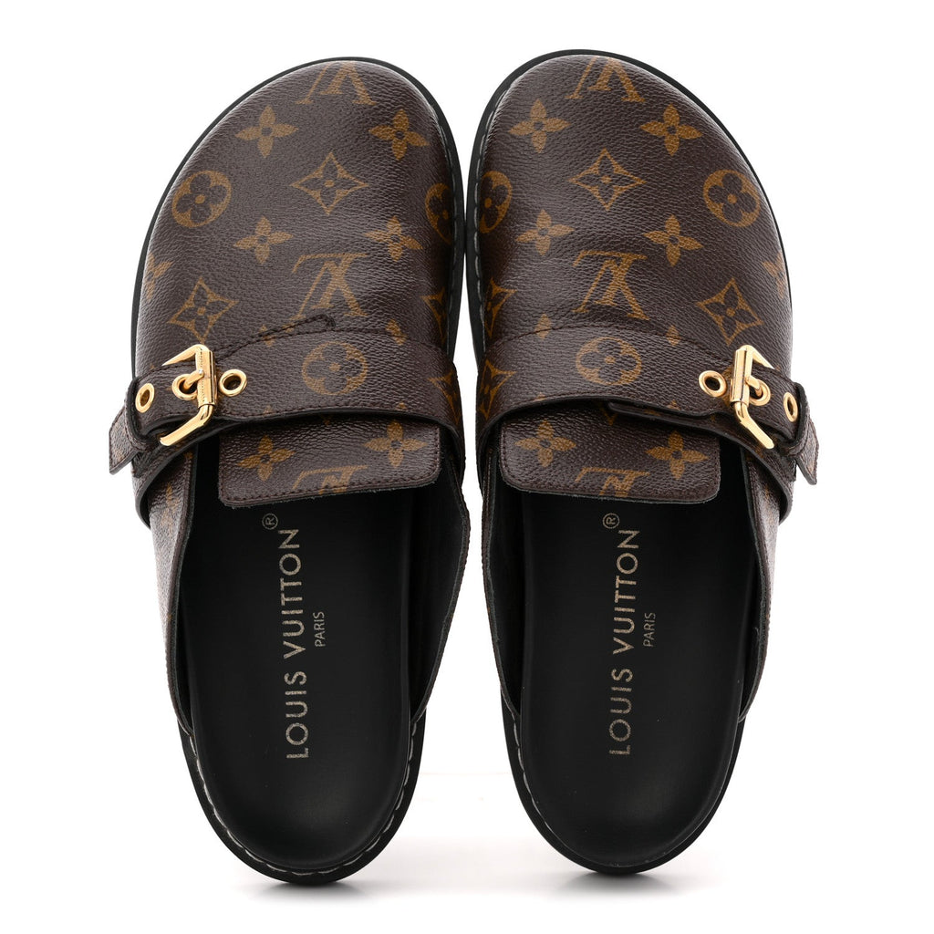 PATENT MONOGRAM WOMENS COSY FLAT COMFORT CLOG MULES BROWN