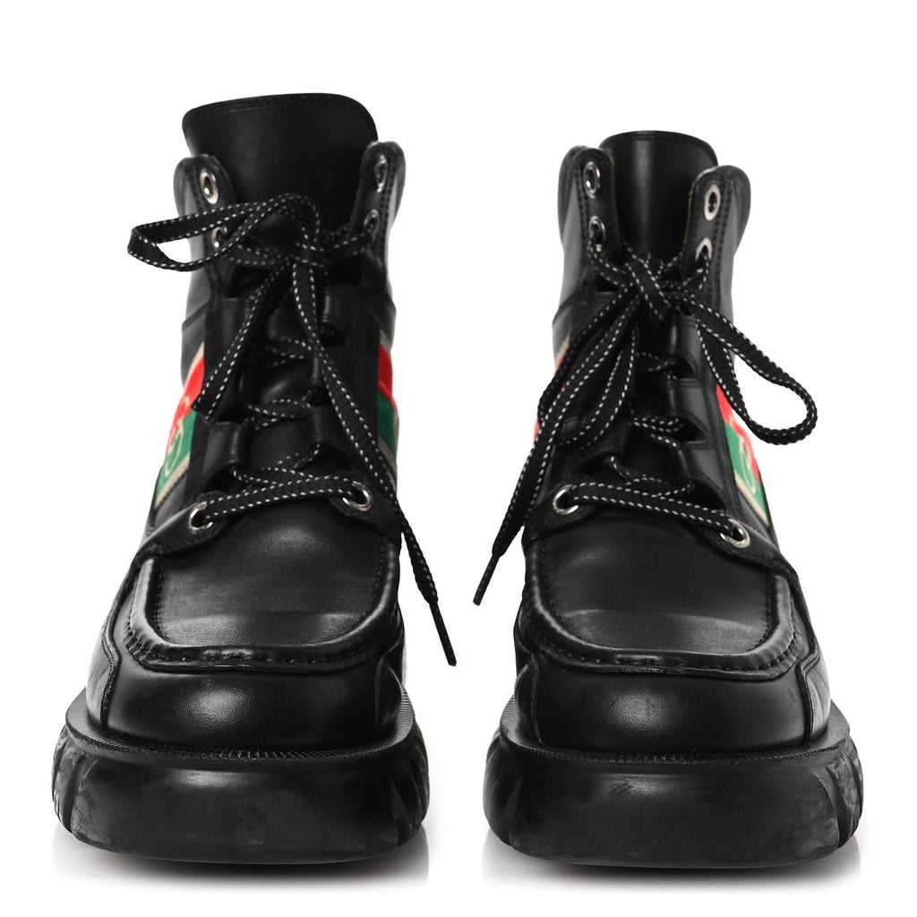 QUEBEC CALFSKIN WEB WOMENS INTERLOCKING G LACE UP COMBAT BOOTS BLACK MYSTIC WHITE GREEN RED