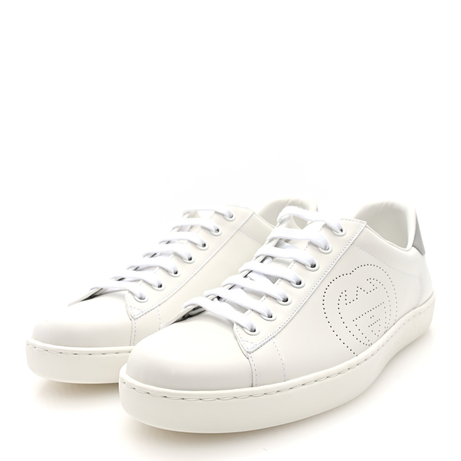 CALFSKIN INTERLOCKING G PERFORATED MENS ACE SNEAKERS WHITE GREY SKY