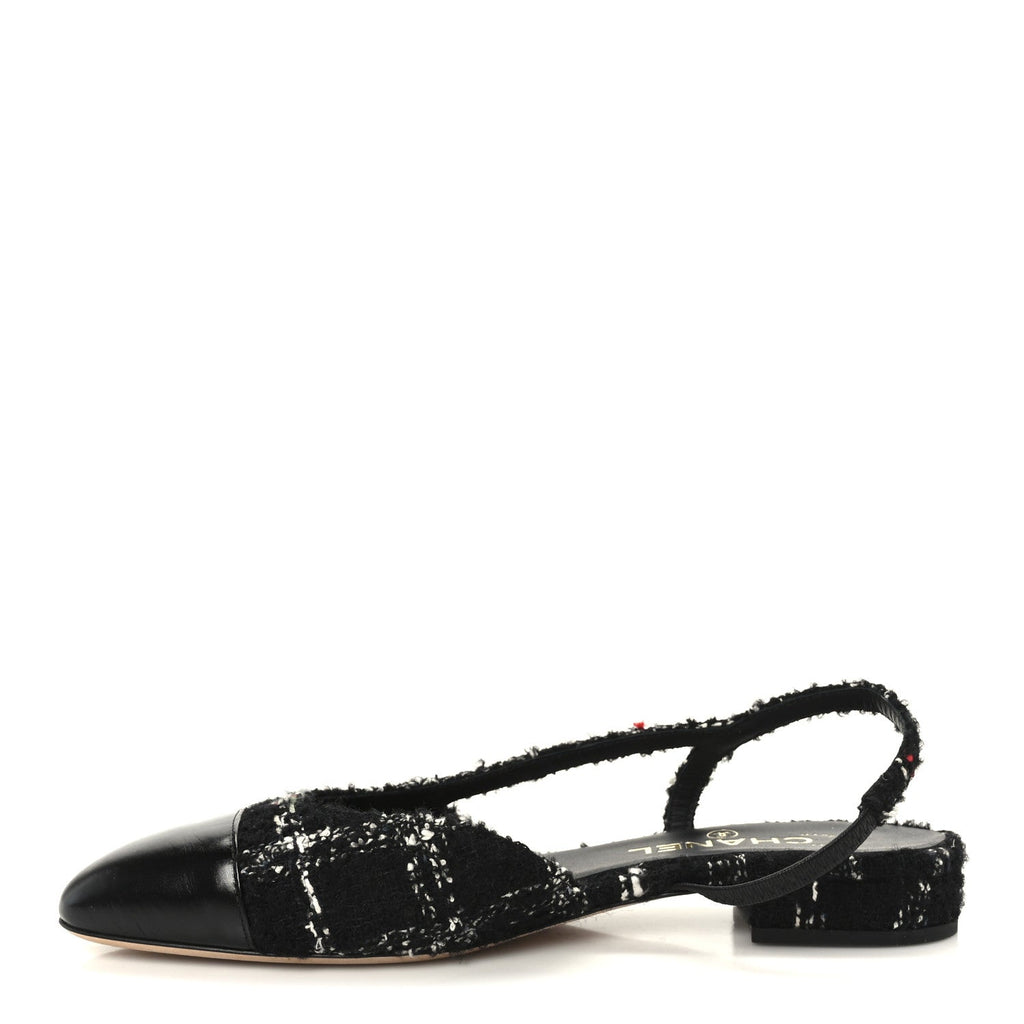 TWEED LAMBSKIN CAP TOE CC SLINGBACK FLATS BLACK WHITE MULTICOLOR