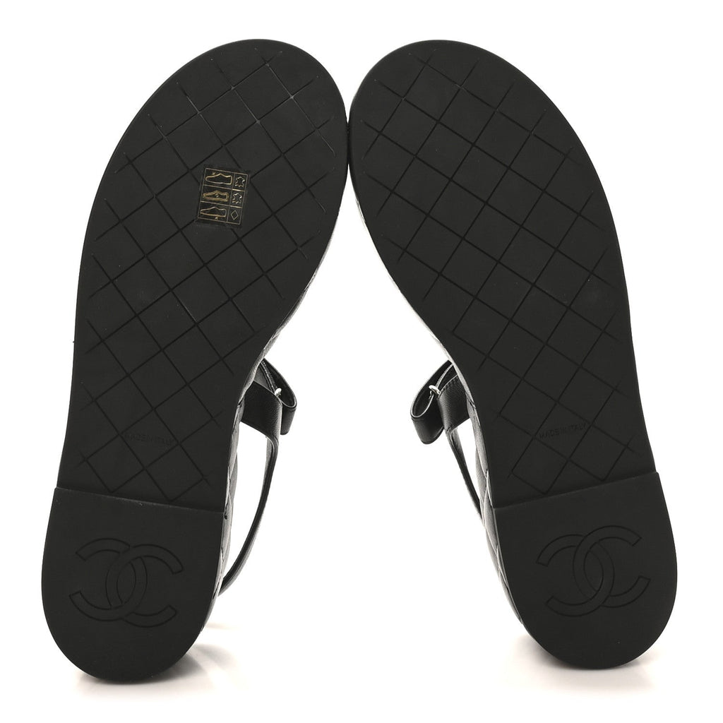 LAMBSKIN QUILTED CHAIN CC PLATFORM SANDALS BLACK