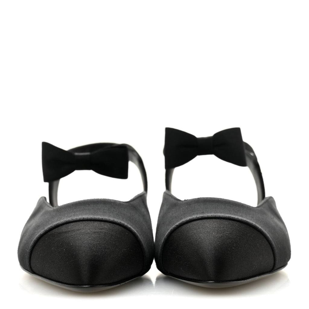 SATIN SLINGBACK CAP TOE BOW FLATS BLACK