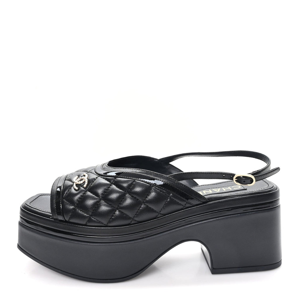 LAMBSKIN PATENT QUILTED CC PLATFORM SANDALS BLACK
