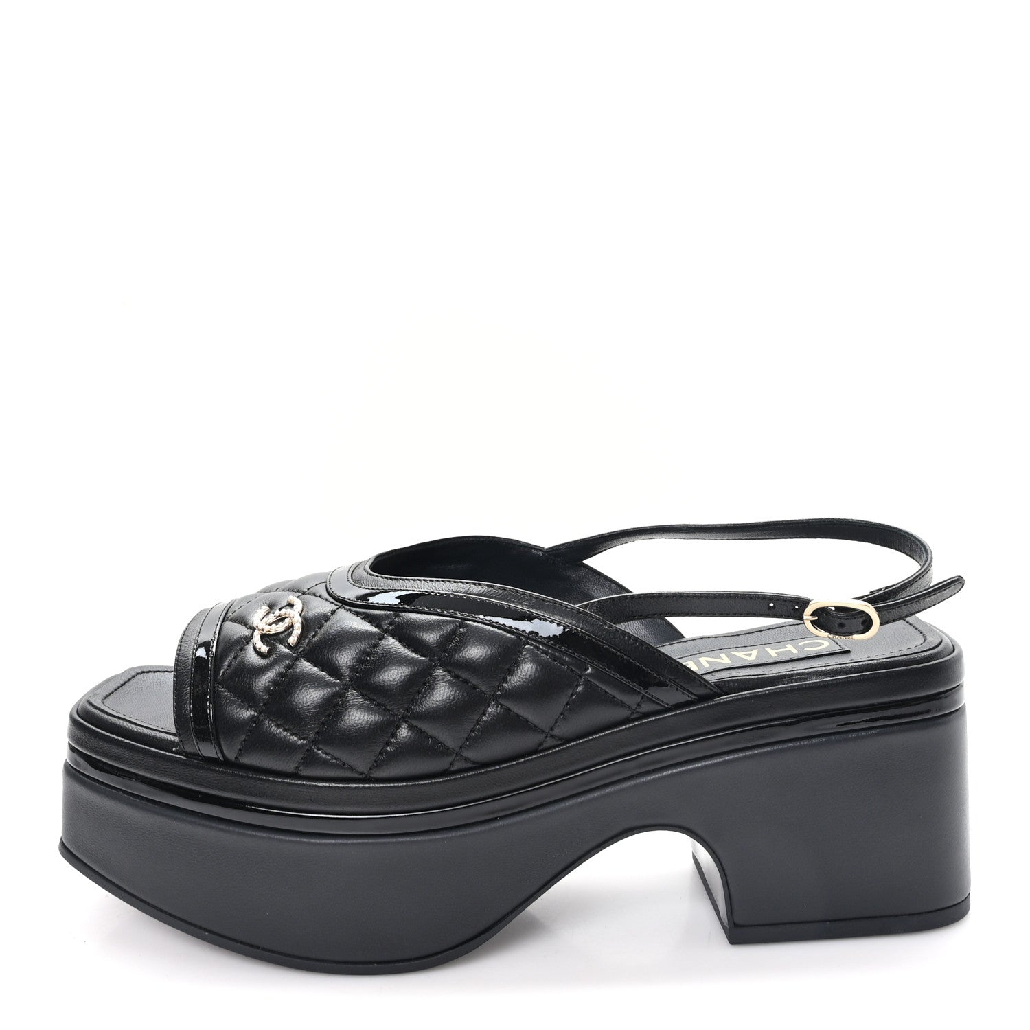 LAMBSKIN PATENT QUILTED CC PLATFORM SANDALS BLACK