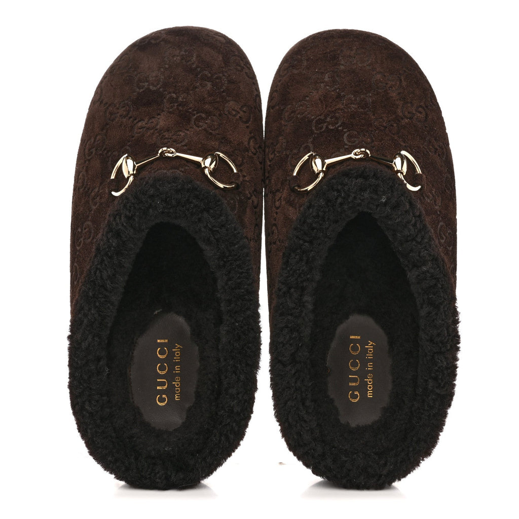 SUEDE GG DEBOSSED SHEARLING WOMENS HORSEBIT MULES DARK BROWN