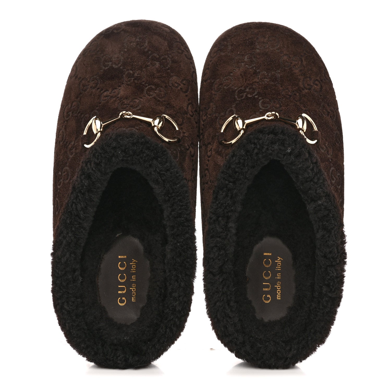 SUEDE GG DEBOSSED SHEARLING WOMENS HORSEBIT MULES DARK BROWN