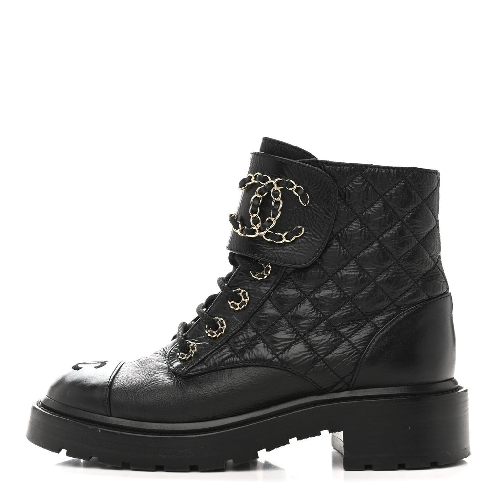 SHINY GOATSKIN CALFSKIN QUILTED LACE UP COMBAT BOOTS BLACK