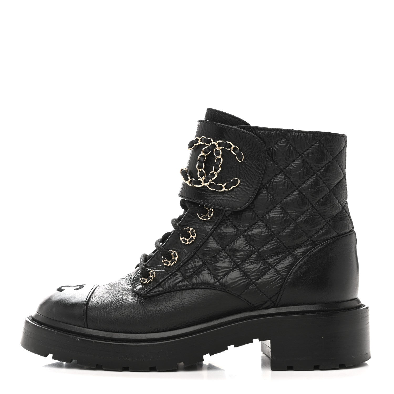 SHINY GOATSKIN CALFSKIN QUILTED LACE UP COMBAT BOOTS BLACK