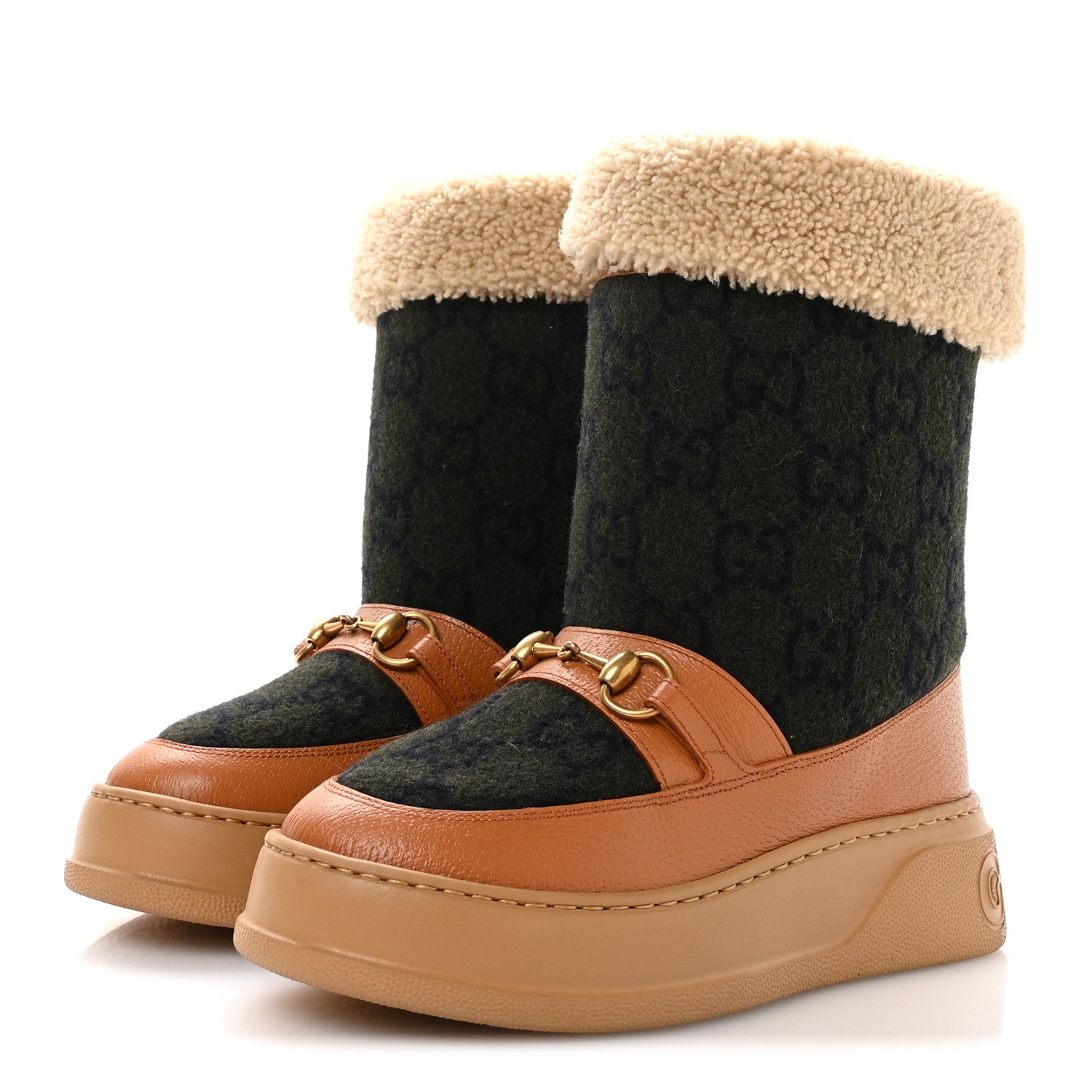 COVERED WOOL MONOGRAM TEXTURED DOLLAR CALFSKIN SHEARLING HORSEBIT SNOW BOOTS UNDERWOOD BLUE HAZEL BROWN