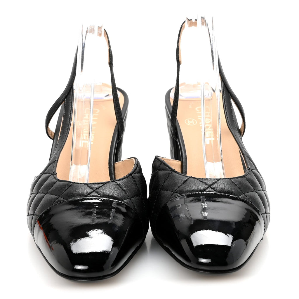 LAMBSKIN PATENT CALFSKIN QUILTED CAP TOE CC SLINGBACK PUMPS BLACK