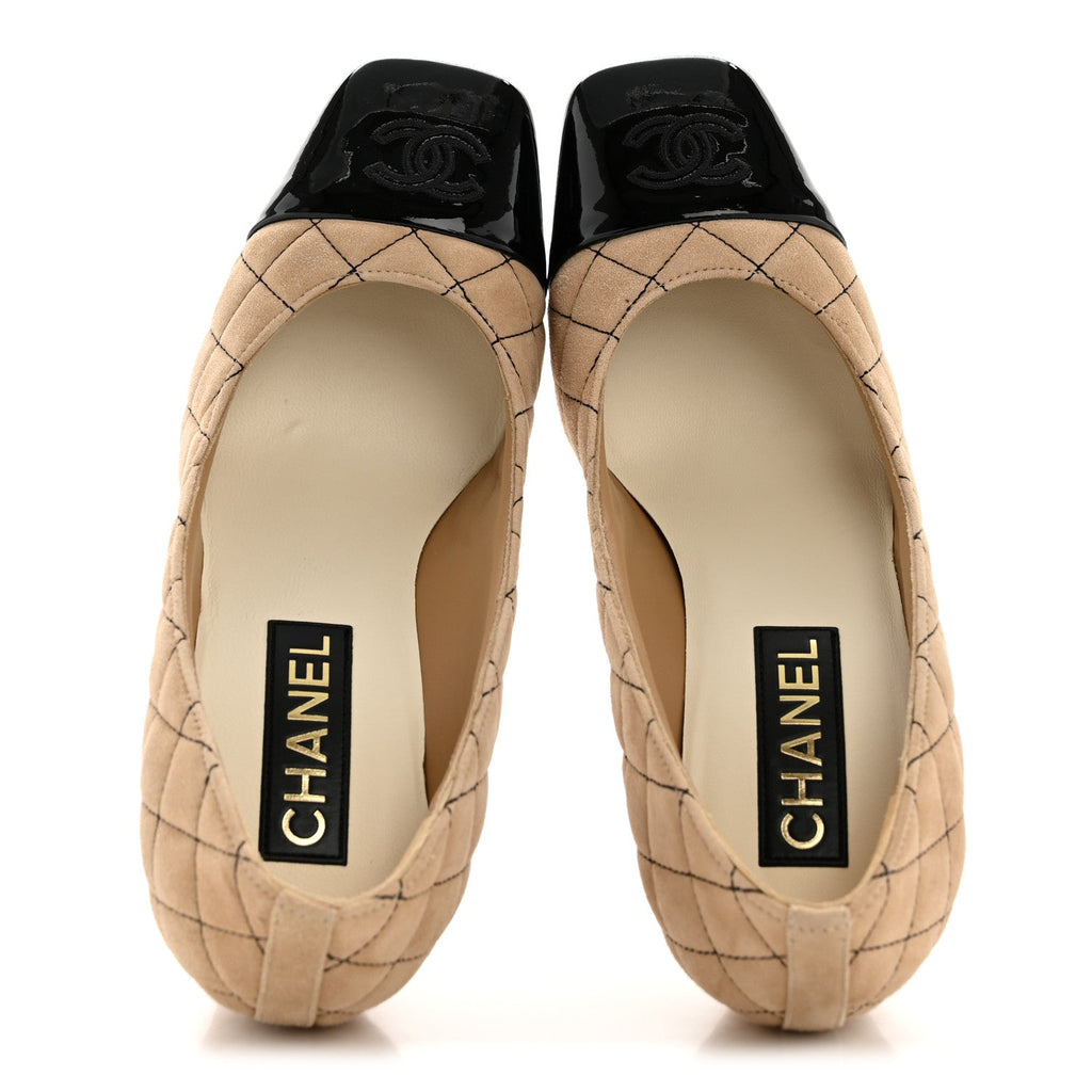 SUEDE KIDSKIN PATENT QUILTED CC CAP TOE PUMPS BEIGE BLACK